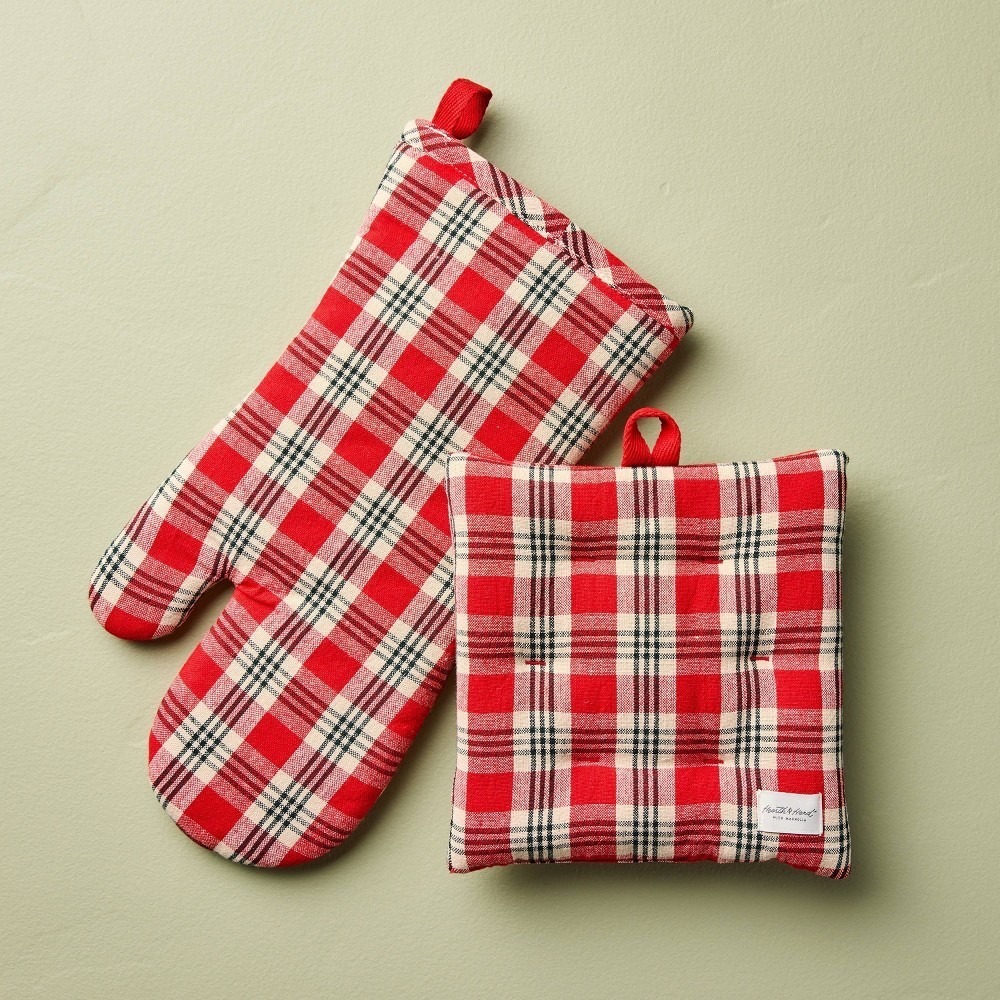 2pc Christmas Oven Mitt Potholder Set Red Plaid - Hearth & Hand Magnolia, Target